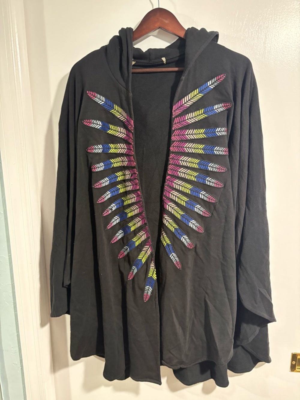Mara Hoffman Black Hooded Cape with Multicolor Feather Motif